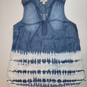 Vintage America Blues Chambray Denim Tank Top, V-neck with tassle tie, EUC, szL